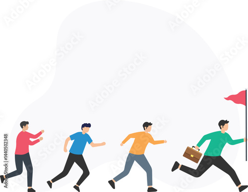 Four businessmen running towards a red flag, symbolizing competition, career development, goal achievement, and the pursuit of success in a dynamic business environment

