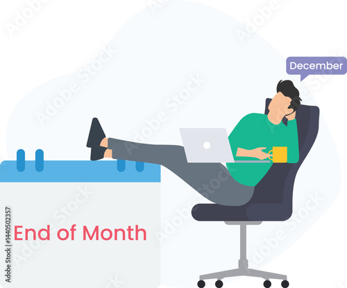 Young man relaxing in a chair with feet propped up on a calendar at the end of december, enjoying a coffee while balancing work and leisure during the busy month

