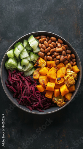 Obraz na płótnie Vertical vegan bowl with beans, squash, beets and copy space w salonie