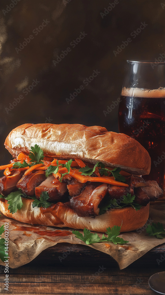 Pork belly sandwich with carrots and cilantro vertical