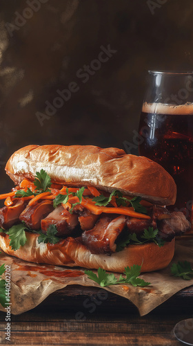 Obraz na płótnie Pork belly sandwich with carrots and cilantro vertical w salonie