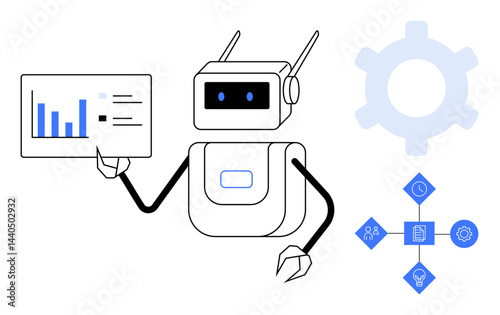 Robot holding data chart near gears and interconnected icons symbolizing automation, data analysis, innovation, and technology. Ideal for artificial intelligence, automation, robotics, data