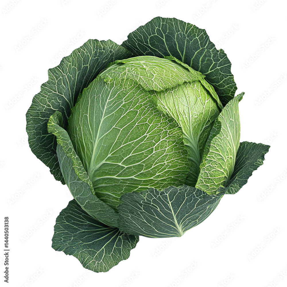 Obraz premium Isolated green cabbage head displaying intricate leaf patterns on black background