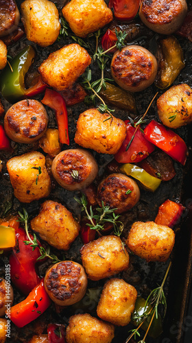 Vertical sausage rounds and vegetables sheet pan dinner