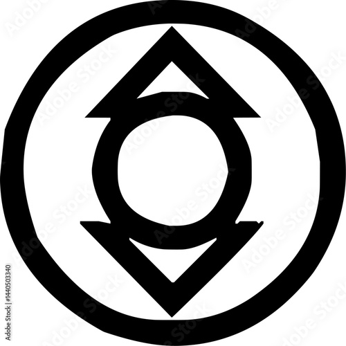 Simple geometric design featuring a circle with upward and downward arrows, symbolizing balance, power, and energy in an abstract, minimalistic style.