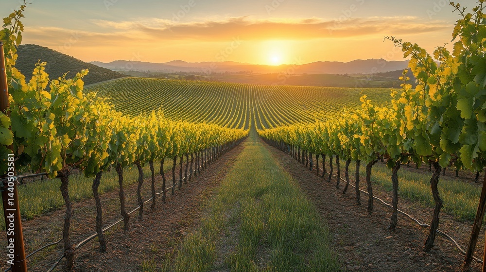 Naklejka premium Vineyard landscape at sunset with rows of grapevines stretching