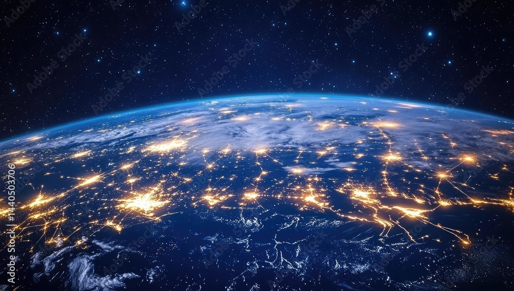 Obraz premium Earth's glowing cityscape at night, viewed from space, showcasing urban sprawl and celestial backdrop
