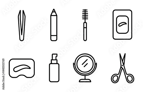 Beauty salon outline icons set – linear style grooming, cosmetics, and personal care symbols for salon branding: tweezers, eyebrow pencil, mascara, soap, mirror, scissors