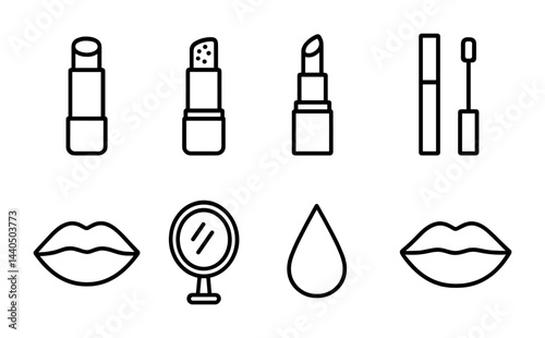 Beauty and makeup outline icons set – linear cosmetics, fashion, and self-care symbols for personal grooming: lipstick, mirror, lip gloss, lips, water drop, makeup brush.
