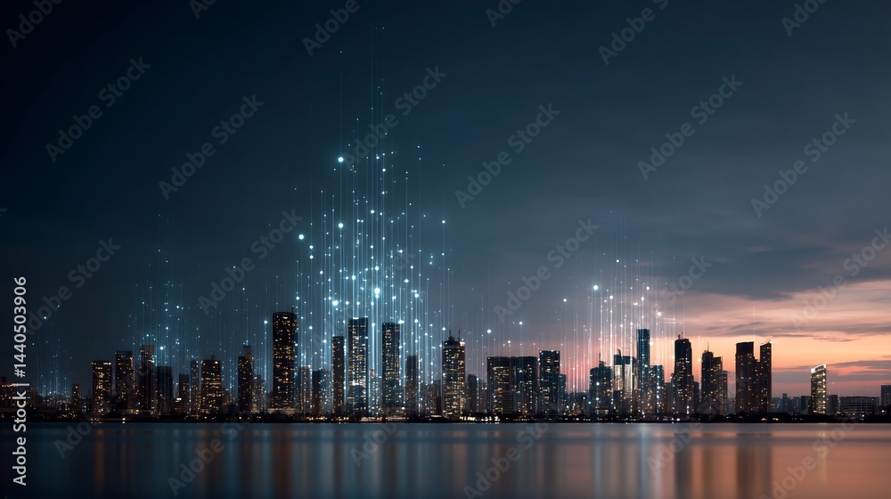 Fototapeta premium Futuristic cityscape with data streams visualized over modern architecture