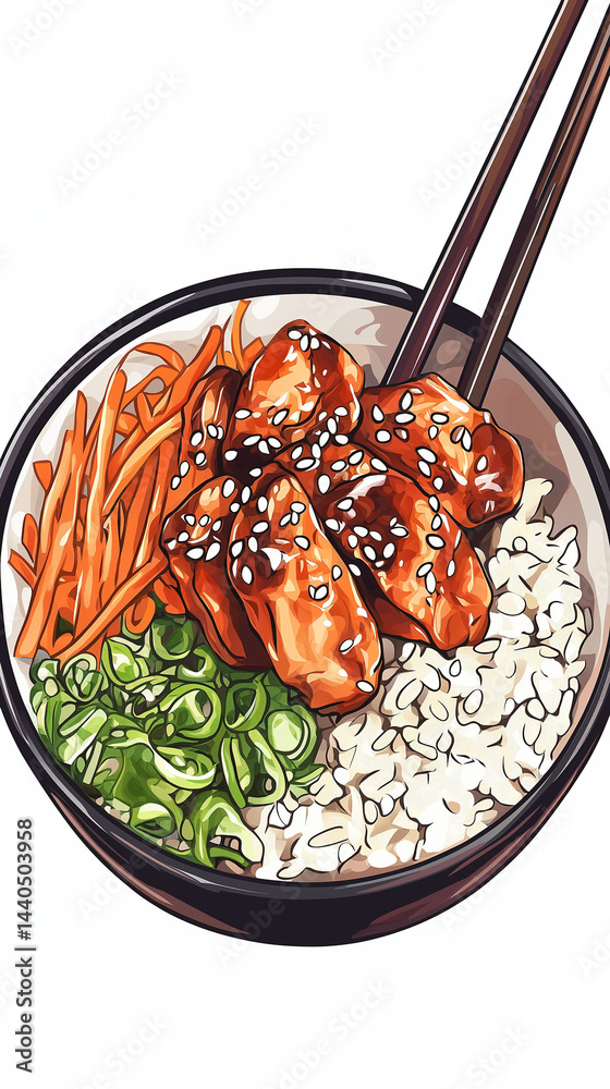 Teriyaki chicken rice bowl with carrots and scallions