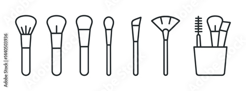 Cosmetic beauty tools line icons – linear style makeup, skincare, and grooming symbols for beauty enthusiasts: powder brush, blush brush, eye shadow brush, eyebrow brush, fan brush, lip brush, brush