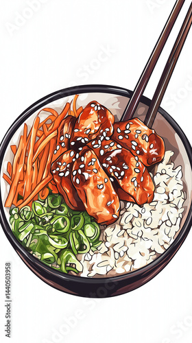 Obraz na płótnie Teriyaki chicken rice bowl with carrots and scallions w salonie