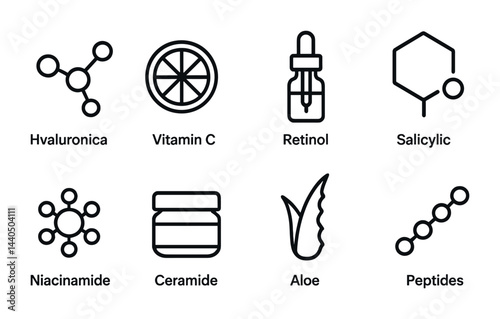 Skincare ingredients outline icons set – linear style beauty, wellness, and cosmetic symbols for product design: hyaluronic acid, vitamin c, retinol, salicylic acid, niacinamide, ceramide, aloe,