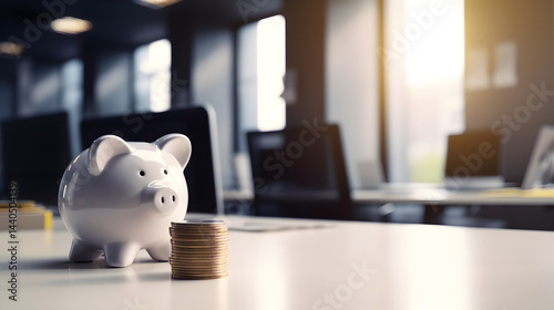 Fototapeta Naklejka Na Ścianę i Meble -  A white piggy bank with a stack of coins in front of it on a white table in an office setting.