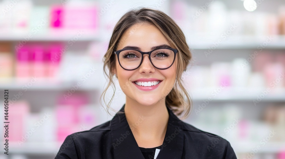Friendly Retail Worker in Uniform Smiling at Camera Surrounded by Cosmetic Products in Bright Store Setting Friendly Retail Worker in Uniform Smiling at Camera Surrounded by Cosmetic Products in Bright Store Setting