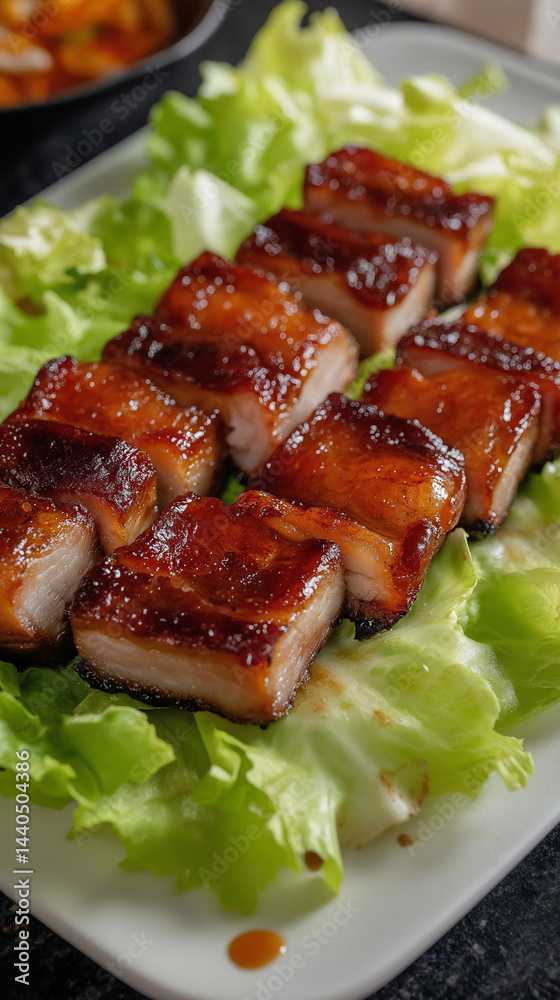 Oven-roasted pork belly pieces on lettuce