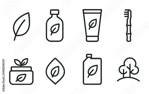 Eco-friendly products icon set – outline style sustainability, natural, and organic symbols for green living: leaf, bottle, cream tube, bamboo toothbrush, jar, tree.