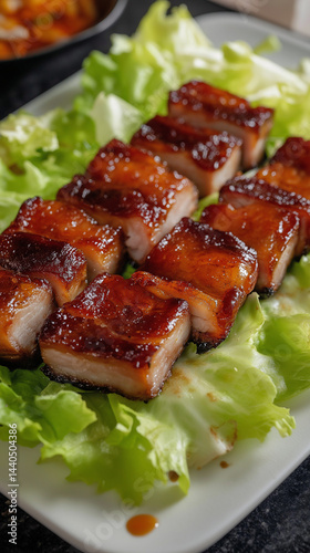 Obraz na płótnie Oven-roasted pork belly pieces on lettuce w salonie