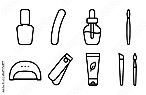 Nail care essentials icon set – outline style manicure, pedicure, and beauty tools for salon branding: nail polish, nail file, cuticle oil, manicure brush, uv lamp, clippers, cream, nail art brush.
