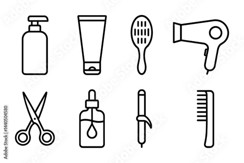 Hair and beauty tools outline icon set – linear style grooming, styling, and salon symbols: shampoo bottle, conditioner tube, hairbrush, blow dryer, scissors, serum, curling iron, comb.