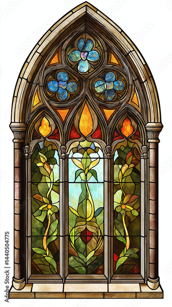 Window with pointed arch and colorful stained glass on white background