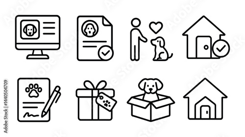 Pet adoption outline icons set – linear style rescue, shelter, and animal care symbols for awareness: adoption form, pet id, animal care, dog house, pet gift, home.