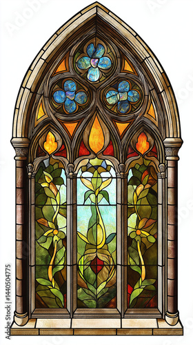 Obraz na płótnie Window with pointed arch and colorful stained glass on white background w salonie