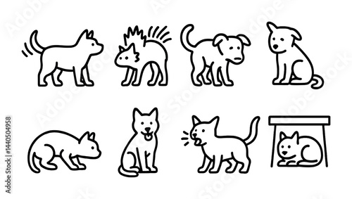 Pet behavior outline icon set – linear style animal, cat, and dog communication symbols: playful puppy, surprised cat, wagging tail, scared kitten, barking dog, hiding pet