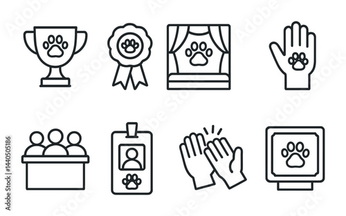 Pet care outline icons set – linear style animal services, vet clinic, pet grooming symbols: trophy, ribbon, podium, hand, panel, id badge, clapping, monitor