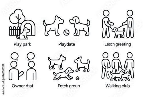 Dog community linear icon set – outline style pet park, playdates, and social gathering symbols for canine interaction: play park, playdate, lesch greeting, owner chat, fetch group, walking club.