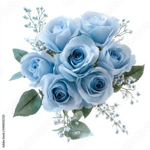 A beautiful bouquet of light blue roses surrounded by delicate greenery, set against a clean, white background, ideal for floral arrangements or decorative purposes