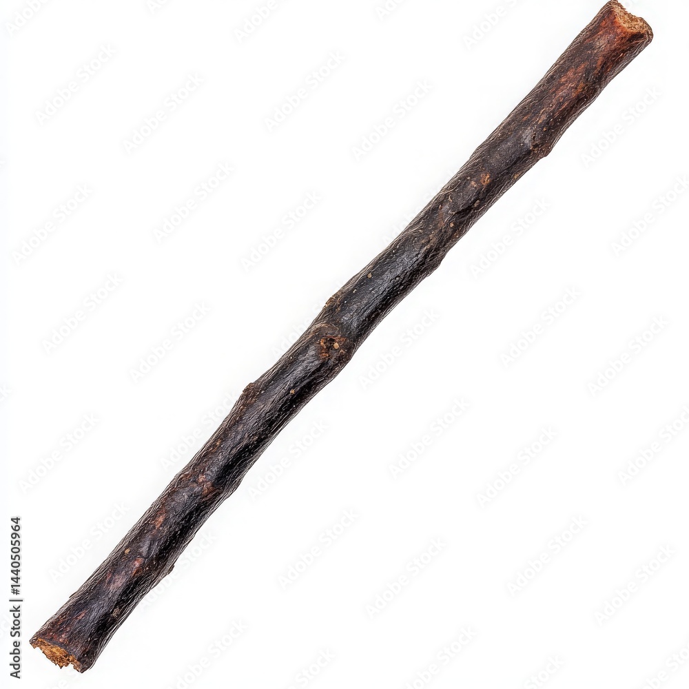 A single, natural-looking stick lying on a clean white background, showcasing its rustic texture and organic form, ideal for use in crafts, decor, or pet toys