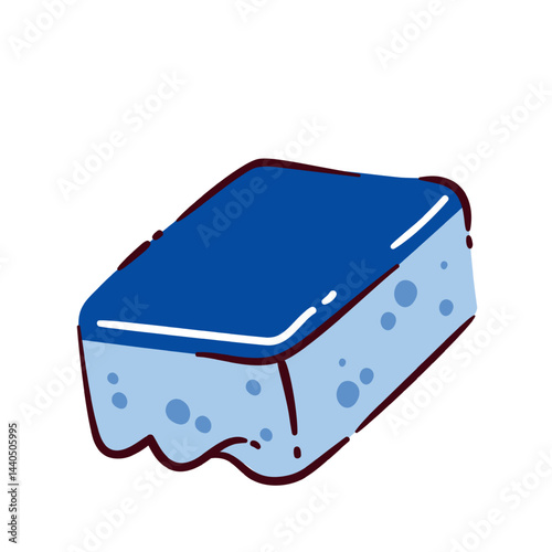 Cartoon doodle style cleaning sponge in blue colors with bubbles and clean surface. Vector illustration of cleaning sponge for kitchen, housework, or hygiene design.