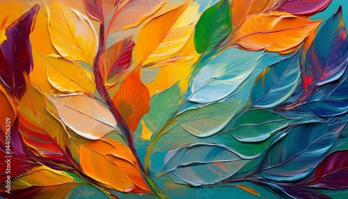 Wallpaper Mural "Closeup of abstract rough colorful multicolored organic autumnal fallen leaves or waves art painting texture, with oil acrylic brushstroke, pallet knife paint on canvas wallpaper (Generative Ai)" Torontodigital.ca