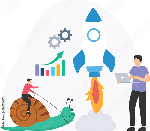Project manager launching startup project like a rocket while his competitor is riding a slow snail, representing different business growth concepts, with bar graph and gears in background

