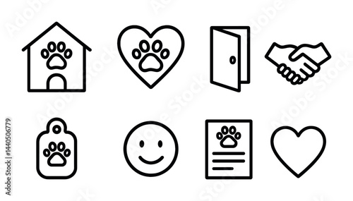 Pet adoption icons set – outline style animal rescue, shelter, and volunteer symbols: animal shelter, heart, handshake, identification tag, smiley, pet profile, love.