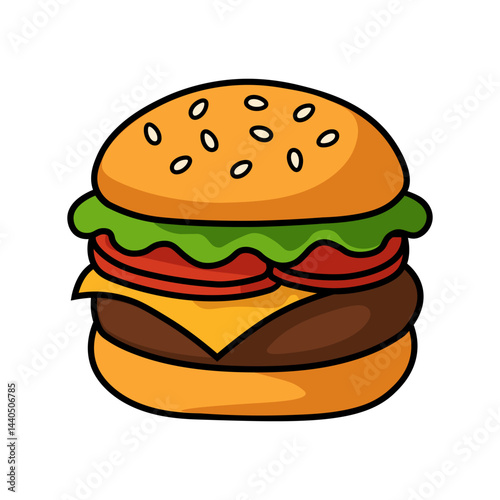 Bright and playful cartoon cheeseburger with lettuce, tomato, cheese, and sesame bun, perfect for menus, ads, or kids' materials. Vector illustration