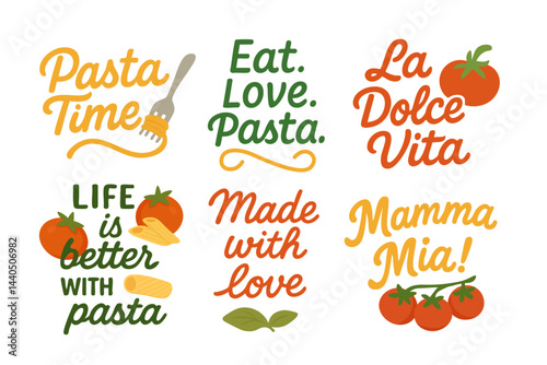 Collection of colorful Italian pasta lettering phrases with cute cartoon decorations in flat doodle style.