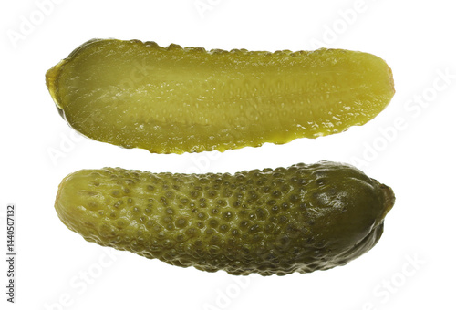 Pickled cucumber whole and half, isolated on white background, clipping path