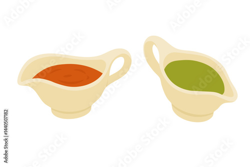 Flat cartoon set of italian sauces in gravy boats, perfect for pasta and delicious dishes.