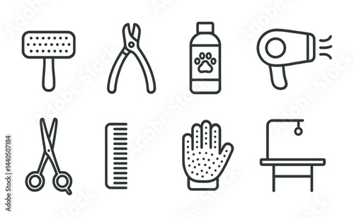 Pet grooming icon set - outline style care and hygiene symbols for animal lovers: brush, clippers, shampoo, dryer, scissors, comb, glove, grooming table.