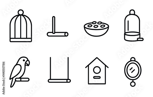 Pet bird accessories icons set - outline style birdcage, feeder, and perch icons for avian care: cage, toy, food dish, swing, water dispenser, birdhouse, mirror