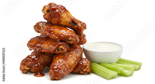 Wallpaper Mural Barbecue chicken wings stacked high with smoky sauce and celery sticks, served with a small bowl of ranch dressing, isolated on white Torontodigital.ca