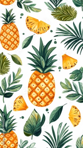 Vibrant Tropical Pines and Leaves Pattern with Whole Fruits and Sliced Pieces for Summer Fruit Design and Fresh Food Background