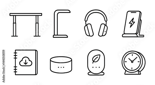 Modern minimalist home office icons set – outline style workspace, productivity, and smart devices: desk, lamp, headphones, charger, notebook, speaker, clock