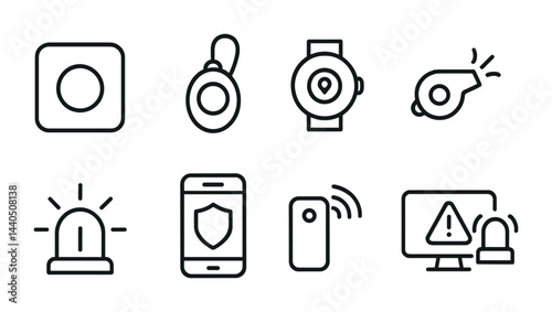 “security and safety icon set – outline style monitoring, protection, and alert symbols for safe environments: sos button, whistle, smartwatch, siren, smartphone, warning, alarm”