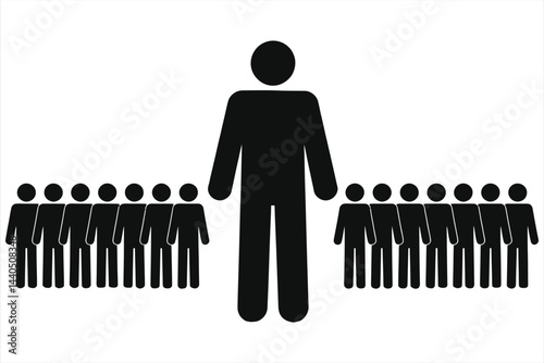 A simple, impactful vector silhouette of a larger figure standing apart from a group of smaller figures./Leader Standing Out from the Crowd.