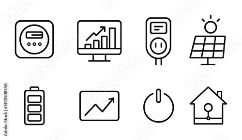 Smart home energy icons set – outline style symbols for sustainable living: thermostat, energy monitor, smart plug, solar panel, battery, chart, power button, smart home