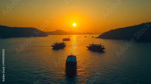Golden Sunset Over Calm Water with Boats Illustration